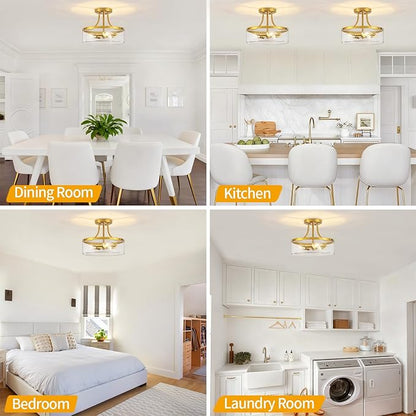 11.81" Brushed Gold Semi Flush Mount Ceiling Light Modern Glass Entryway Light Fixture Hallway Light Fixtures 3-Light Drum Ceiling Lamp for Bedroom Kitchen Island Dining Room Laundry Room Lighting