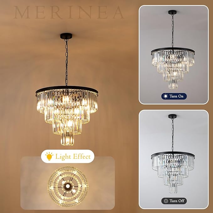 Black Crystal Chandeliers 12 Lights Luxury 24" Round Chandelier 4-Tier Modern Ceiling Pendant Light Fixture K9 Crystal Lighting for Living Room Dining Room Staircase Foyer