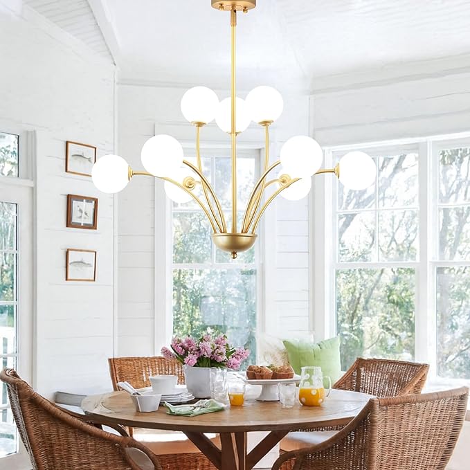 29.7” Modern Gold Chandelier 9-Lights Modern Vintage Golden Chandelier Light Fixture Rustic Farmhouse Glass Chandeliers for Dining Room, Kitchen Island, Bedroom, Living Room, Foyer, G9