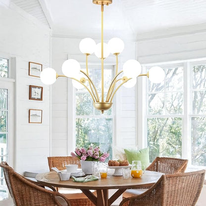 29.7” Modern Gold Chandelier 9-Lights Modern Vintage Golden Chandelier Light Fixture Rustic Farmhouse Glass Chandeliers for Dining Room, Kitchen Island, Bedroom, Living Room, Foyer, G9