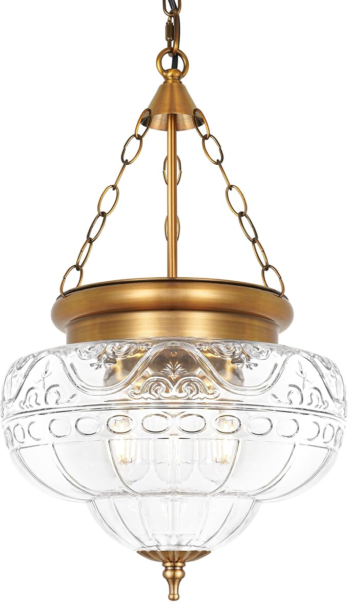 3-Light Brushed Antique Brass Pendant Light Fixtures with 12In Unique Thickened Glass, Vintage Pendant Lights Kitchen Island with Adjustable Chain, Hanging Light Fixtures for Entryway, E26*3