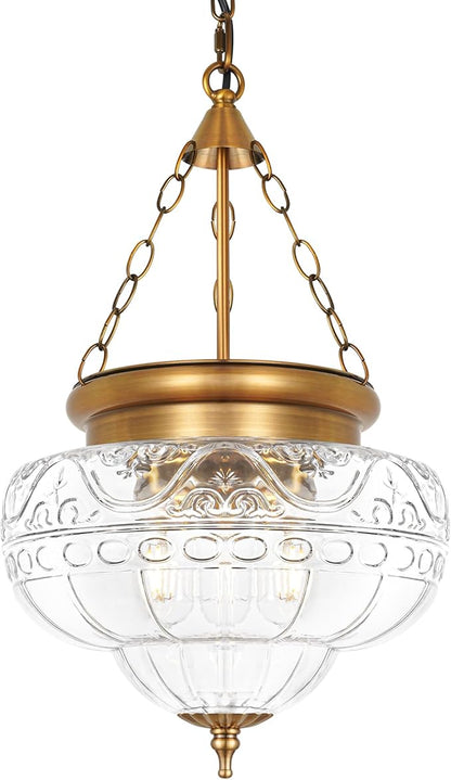 3-Light Brushed Antique Brass Pendant Light Fixtures with 12In Unique Thickened Glass, Vintage Pendant Lights Kitchen Island with Adjustable Chain, Hanging Light Fixtures for Entryway, E26*3