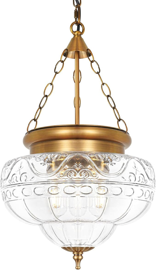 3-Light Brushed Antique Brass Pendant Light Fixtures with 12In Unique Thickened Glass, Vintage Pendant Lights Kitchen Island with Adjustable Chain, Hanging Light Fixtures for Entryway, E26*3