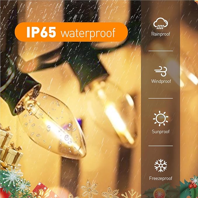 C7 LED Christmas Lights, 25FT Outdoor String Lights with 27 Warm White Bulbs, Waterproof Shatterproof for Porch, Halloween, Holiday Party Décor
