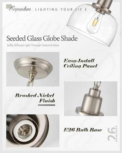 EAPUDUN Modern Farmhouse Pendant Light, 1-Light Industrial Hanging Light Fixture 9.3-inch, Brushed Nickel Finish with Clear Glass Shade, PDA1127-BNK