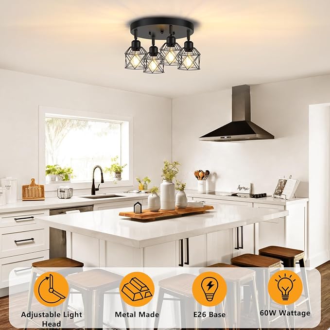 Baocuz 4-Light Kitchen Light Fixtures Ceiling Mount, Adjustable Multi-Directional Black Flush Mount Ceiling Light Fixture, Farmhouse Metal Cage Ceiling Lights for Dining Room Entryway Hallway
