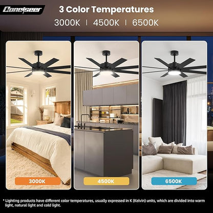 60 Inch Ceiling Fans with Lights and Remote, Dual Color 6 Blades, Bedroom Living Room Office Library Cafe Outdoor Industrial, 3CCT Dimmable, 6 Speed Reversible Quiet DC Motor, Black/Wood Grain
