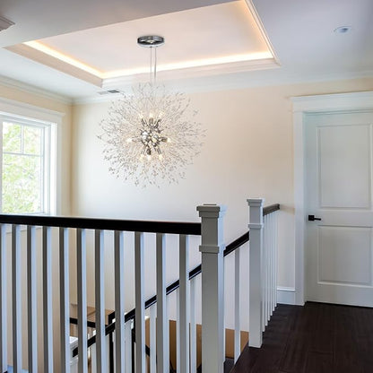 SineRise Modern Crystal Chandeliers Firework, Crystal Light Fixture, Dandelion Chandelier (9-Light, Chrome) for Foyer Hallway Entryway Kitchen Bedroom (Bulbs Not Included)