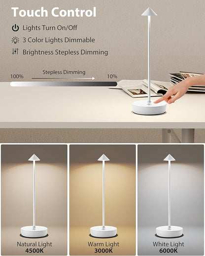 Cordless Table Lamps Rechargeable, 6000mAh Battery Operated LED Desk Lamp Outdoor Waterproof Portable Touch Dimmable Table Night Light for Patio Restaurant Dining Home Set of 2 White