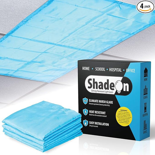 ShadeOn Fluorescent Light Covers for Ceiling Lights (4-Pack) - 2x4 ft Magnetic Light Covers for Ceiling Lights Classroom and Office, Glare Reduction for Fluorescent Lights - Tranquil Blue