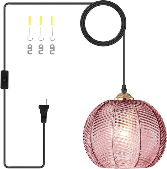 Hanging Lamp Pink Glass Pendant Light Plug in Chandelier with 14.76Ft Long Cord Boho Hanging Light Fixture Mid Century Modern Swag Lamp for Bedroom Girls Room Nursery Living Room
