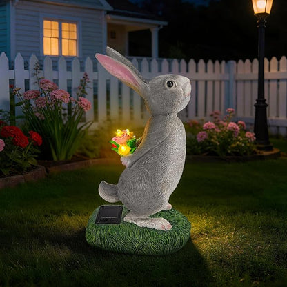 Solar Garden Rabbit Statue with LED Flowers, Grey Resin Hare Figurine Decor for Patio, Yard, Lawn Outdoor Ornament, Ideal Easter, Birthday Gifts for Women, Mother & Garden Lovers
