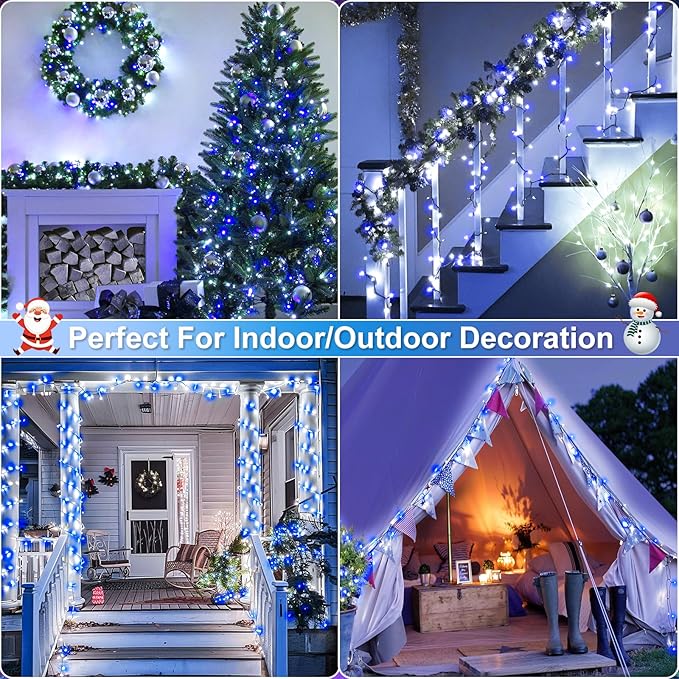Blue and White Christmas Lights Outdoor, 100FT 300 LED String Lights for Outside Waterproof with 8 Modes, Connectable Plug in Fairy Lights for Indoor Patio Garden Xmas Tree Party Decorations