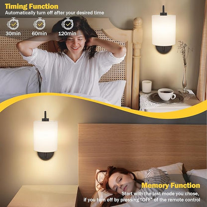 MATAMEYE Battery Operated Wall Sconce Set of 2, Black Rechargeable Dimmable Wall Light Fixture Remote, 12 RGB Colors & Timer, Wireless Lamp White Shade
