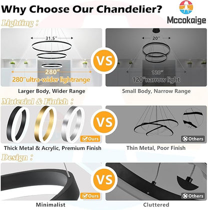 31.5" Black Modern Led Chandelier 3 Ring Modern Led Pendant Light Contemporary Ring Chandeliers Dimmable Chandeliers Color Temperature Adjustable Height Hanging Chandelier for Living Room