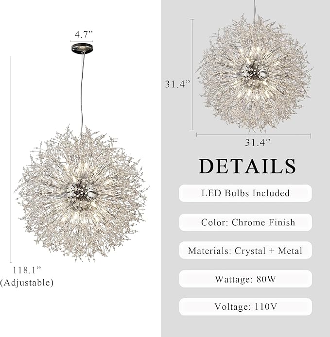 Modern Dandelion Chandeliers 16-Light, Sputnik Crystal Hanging Lamp, Large Chrome Lighting, Round Firework Pendant Light for Kitchen Island Farmhouse Bedroom Living Room (Chrome, D31.4inch)