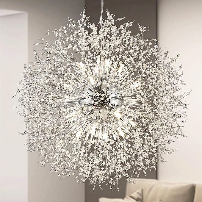 Dandelion Crystal Chandeliers, Modern Large 16 Lights Firework Chandelier, Chrome Sputnik Pendant High Ceiling Light Fixture for Foyer Entryway Living Room