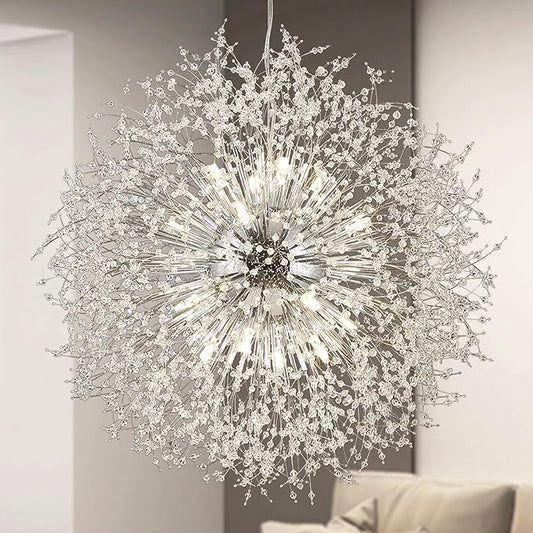 Dandelion Crystal Chandeliers, Modern Large 16 Lights Firework Chandelier, Chrome Sputnik Pendant High Ceiling Light Fixture for Foyer Entryway Living Room