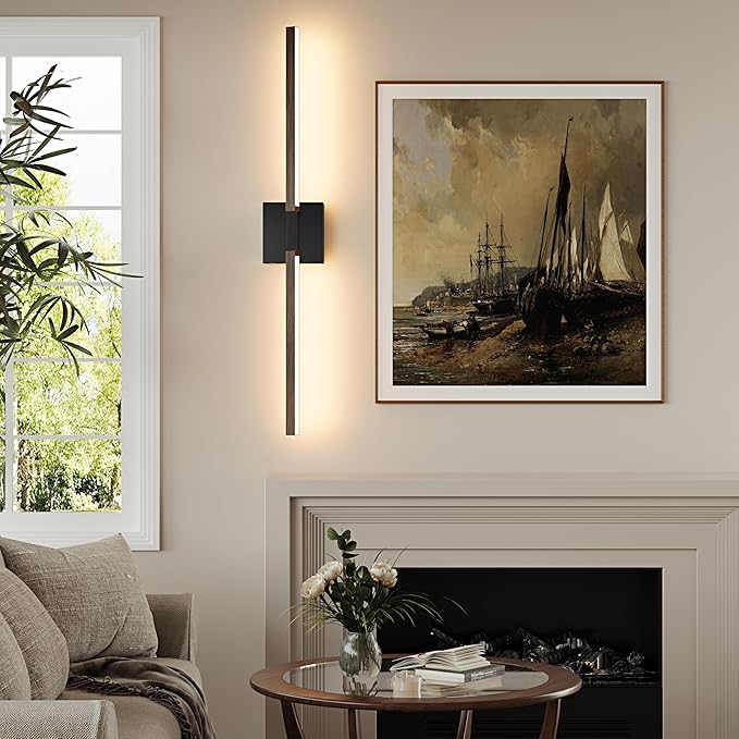 Rayogale 40 Inch Rechargeable Battery Operated Wall Sconce Set Two, 8000mAh Cordless, 3000K/4500K/6000K, Dimmable, Touch Control, 360° Rotation for Living Room Black Walnut(2 Pack)