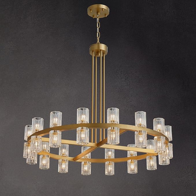 36" Gold Wagon Wheel Crystal Chandelier for Dining Room Over Table, Modern Round K9 Crystal Ceiling Chandelier Pendant Light Ideal for Living Room Entryway Foyer
