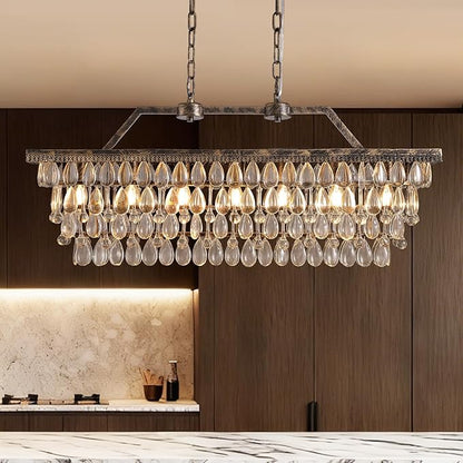 7PM Crystal Chandelier for Dining Room, 35 Inch Antique Bronze Chandelier, 7 Lights Rectangle Chandelier, Farmhouse Kitchen Island Lighting Hanging Light Fixture for Living Room, Entryway