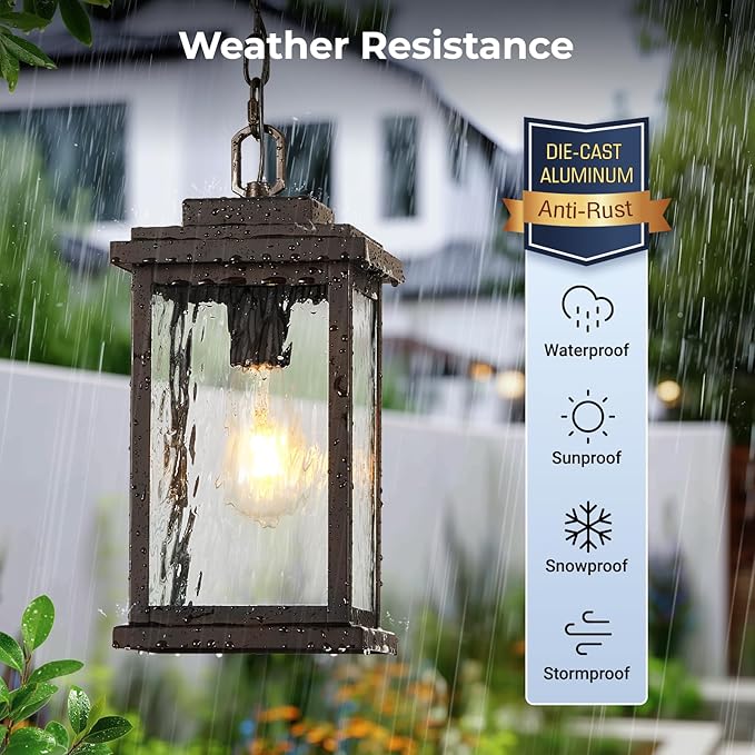 VIANIS Bronze Large Outdoor Pendant Light Fixtures with Water Glass, Anti-Rust Waterproof Hanging Light Fixture with Adjustable Wire, Easy-to-Install Outdoor Hanging Lantern for Porch, Garden, Garage