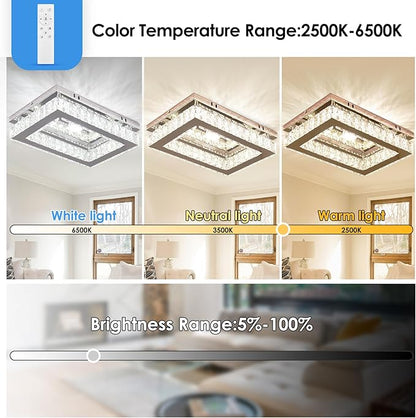 Dimmable Crystal LED Flush Mount Ceiling Light, 11.8"×9.1" Rectangular Close to Ceiling Chandelier, K9 Crystal & Stainless Steel, Remote & App Control, 3000–6500K CCT for Bedroom Living Room