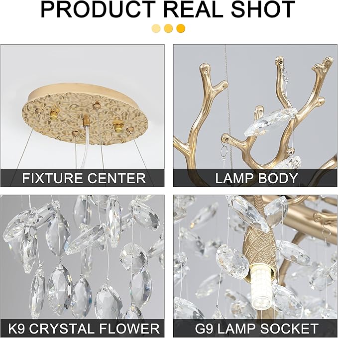 Modern Crystal Tree Branches Chandelier, 40in Gold 10 Lights Large Ceiling Hanging Light for Dining Room, Arc Raindrop Pendant Light Fixture