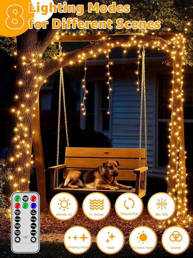 Guhope Christmas String Lights 600LED 98FT, Waterproof String Lights with Remote and Timer, 8 Modes Dimmable Christmas Lights for Indoor Outdoor Wedding Party Holiday Decorations (Warm White)