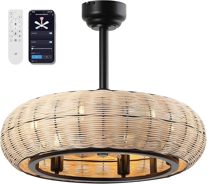 JONATHAN Y 23" Light Brown/Black 6-Light Modern Bohemian Ceiling Fan with Lights, 6-Speed Remote and App Control, Height Adjustable LED Lantern with Dark Brown Rattan Shade for Living Room (JYL9728B)