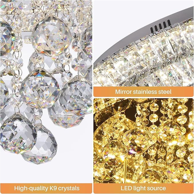 Miuyhji Elegant LED Crystal Raindrop Ceiling Light, 24" Flush Mount Chandelier Light Fixture with Remote Control for Living Room, Kitchen, Island, Bedroom, Hallway Entryway Foyer(Dimmable)
