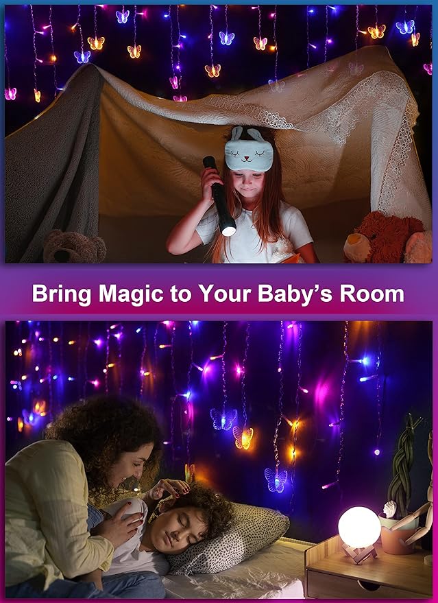 Butterfly Fairy Lights for Bedroom Curtain Ceiling Wall Decor USB Plug-in 120 Led 19.7FT Twinkle String Light with Remote, for Toddler Teen Girls and Christmas Decorations
