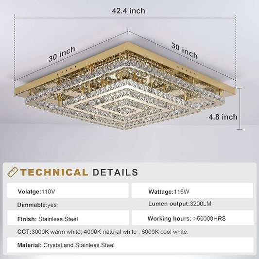 43 inch Gold Crystal Chandelier with Remote/APP Control, 3 Color Temperature Light Fixture & Brightness Adjustable, Modern Flush Mount LED Ceiling Light Fixture for Living Room Kitchen Dining Room