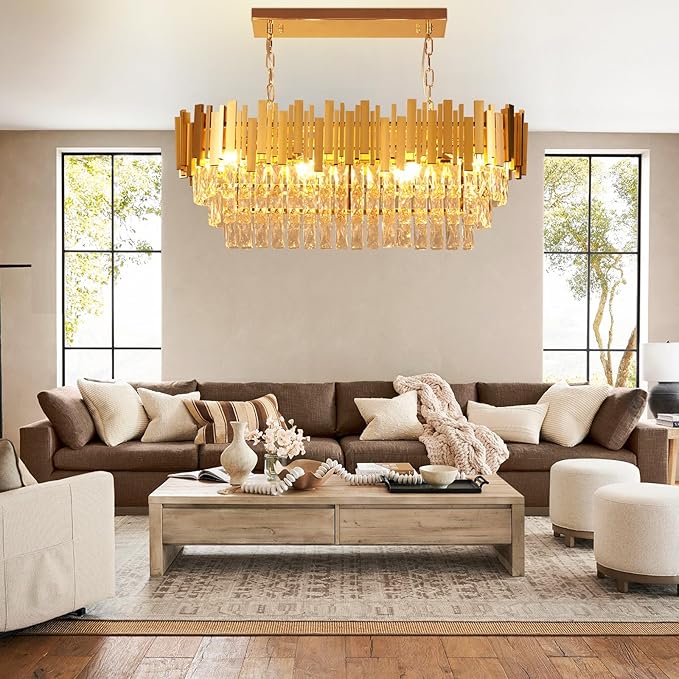 Depuley 31" Crystal Rectangle Chandelier: 3-Tier Gold Glass Crystal Chandelier Island Light Fixtures for Dining Room - 8-Light Linear Pendant Light for Kitchen Island Included Bulbs