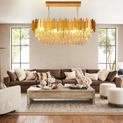 Depuley 31" Crystal Rectangle Chandelier: 3-Tier Gold Glass Crystal Chandelier Island Light Fixtures for Dining Room - 8-Light Linear Pendant Light for Kitchen Island Included Bulbs