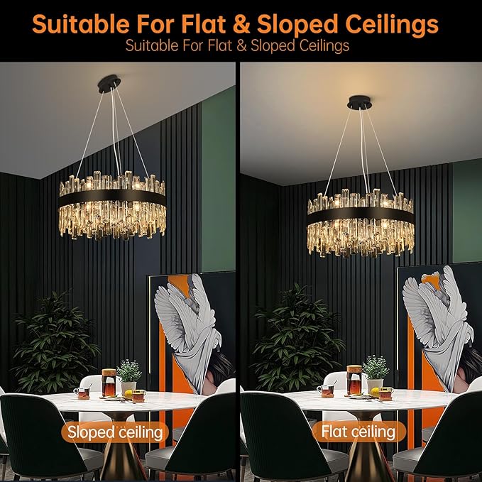 Crystal Chandeliers for Dining Room Lights Fixtures, 12 Lights Luxury Black Modern Chandeliers for Bedroom, 2-Tier Round Crystal Lighting Fixtures for Living Room Entryway Kitchen Island D20 Inch