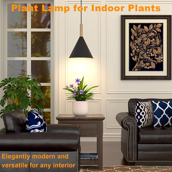 Hanging Grow Lights for Indoor Plants, 20W Full Spectrum Plant Lamp with Timer, Adjustable Height, Wall-Mounted 3000K Growlight with 14.5 ft Power Cord, for Greenhouse, Garden, Large Plants (Black)