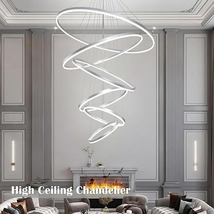6 Rings Pendant Lights 47.2'' Modern Height Adjustable Chandeliers Sliver Led Chandelier Dimmable Sliver Chandelier Led Pendant Light for Dining Room Bedroom Living Room(3000K-6000K)