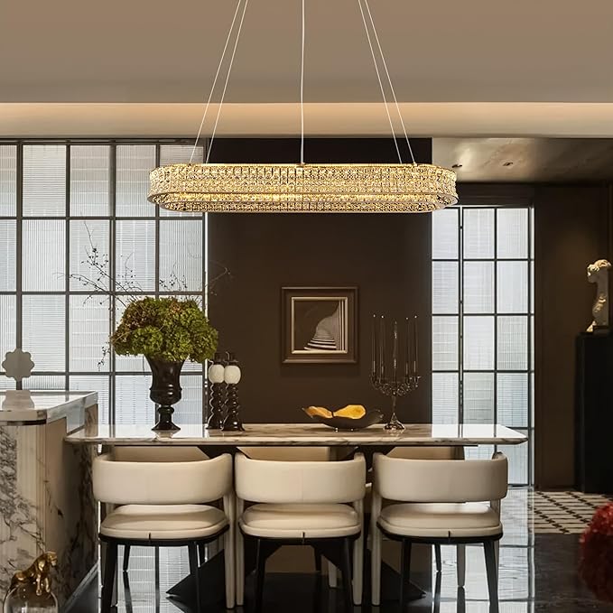 47" LED Rectangle Gold Crystal Chandeliers for Dining Room, Luxury, Rectangular Modern Crystal Oval Kitchen Chandelier, Dimmable LED with Remote, for Dining Room, Kitchen Island