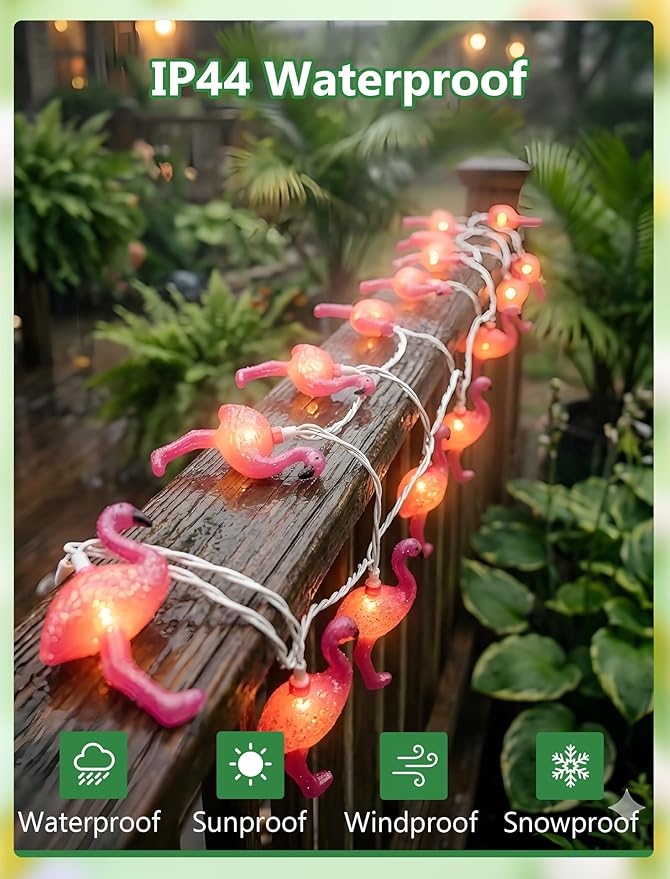 GOOTHY 8.5Ft Pink Flamingo String Lights, Summer Patio Outdoor String Lights with 10 Mini Flamingo Lights, Plug in Decorative Fairy Lights UL Listed for Bedroom Party Birthday Wedding Holiday Decor