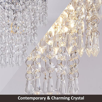 Small Crystal Chandelier, Flush Mount Ceiling Light with 3 Tiers Raindrops Crystal, E26 Base, Mini Chandelier, Ideal for Bedroom, Living Room, Hallway, Bar, Kitchen, Bathroom. D7.9"x H11" (Chrome)