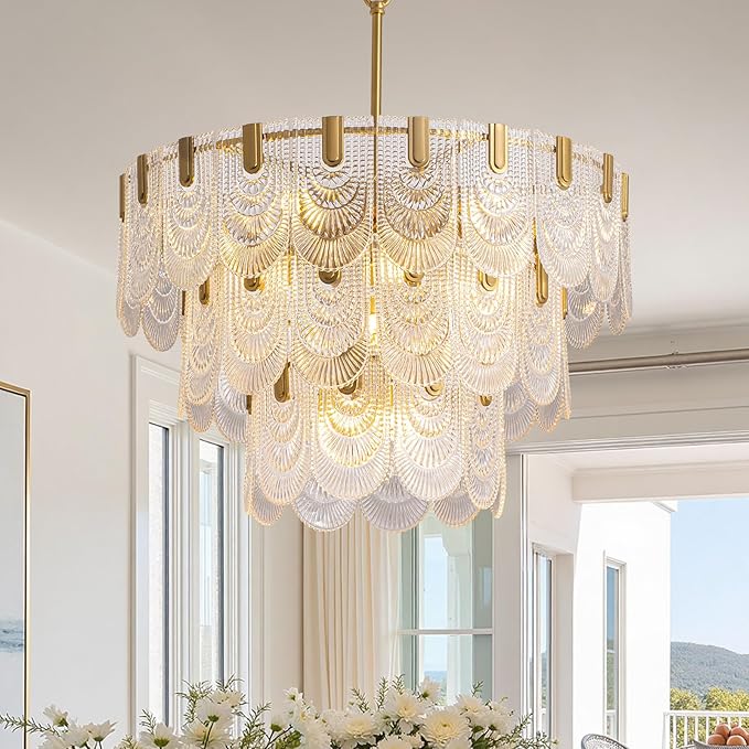 31.5-inch Glass Chandelier,Gold Glass Kitchen Island Lights,16-Light Dining Room Hanging Pendant Light Fixture for Living Room, Bedroom,Foyer, Bathroom,Entryway, Brass Finish, D31.5 xH34.6