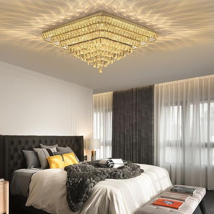 Miuyhji Elegant LED Gold Crystal Raindrop Ceiling Light,30 Inch Square Flush Mount Chandelier with Remote for Living Room Kitchen Island Bedroom Hallway Entryway Foyer (Dimmable)