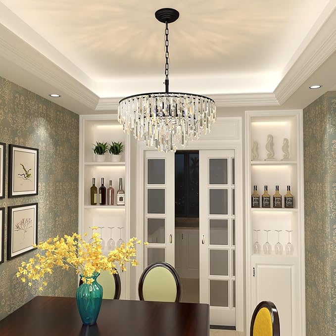 Black Crystal Chandelier for Dining Room, 24" Modern Round Top K9 Crystal Chandeliers 5-Tier 8 Lights Adjustable Ceiling Hanging Pendant Light Fixture for Living Room Bedroom Foyer