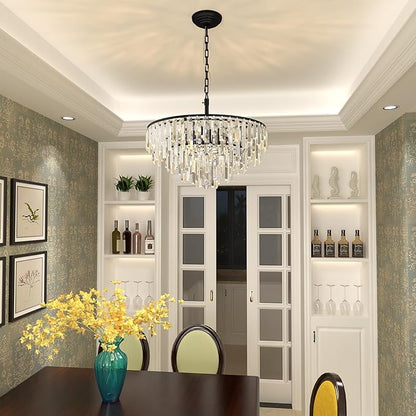Black Crystal Chandelier for Dining Room, 24" Modern Round Top K9 Crystal Chandeliers 5-Tier 8 Lights Adjustable Ceiling Hanging Pendant Light Fixture for Living Room Bedroom Foyer