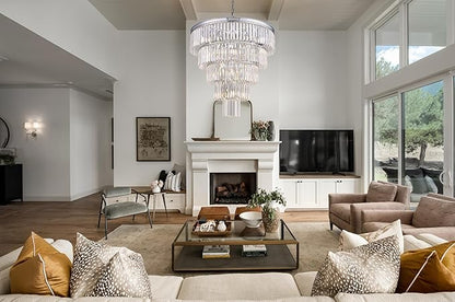 TOCHIC Large Crystal Chandelier 31.5 inch, 5-Tier Round Modern Chrome Crystal Chandeliers, Raindrop K9 High Ceiling Light for Living Room,Staircase, Entryway, Dining Room, Foyer
