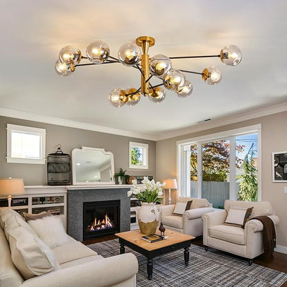 hesoge Large 12 Light Sputnik Semi Flush Mount Ceiling Light Fixture Gold Mid Century Modern Chandelier with Glass Globe Close to Ceiling Light for Living Room Kitchen Dining Room Bedroom.