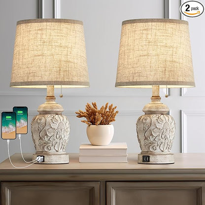 19.5" Vintage Rustic Table Lamp Set of 2 Farmhouse Table Lamps for Living Room Bedroom Decor with USB Ports Traditional Carved Floral White Bedside Night Light Lamps with Pull Chain Switch