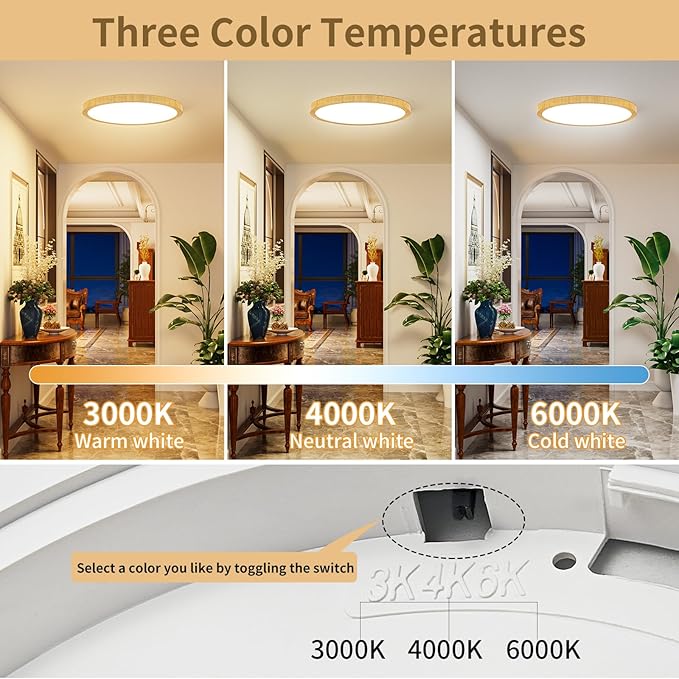 Light Fixtures Ceiling Mount: 12 Inch 24W Wood Grain LED Ceiling Light 3000K-4000K-6000K Selectable Flat Low Profile Round Ceiling Lights for Bedroom Laundry Closet Hallway Office