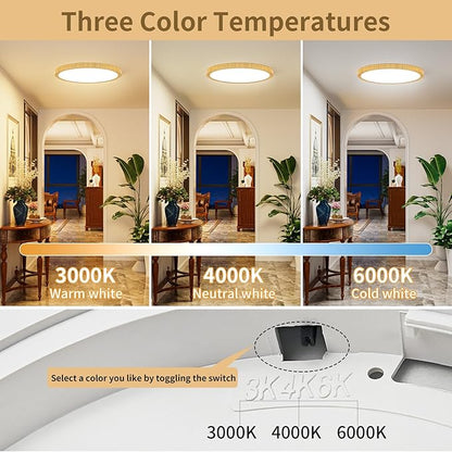 Light Fixtures Ceiling Mount: 12 Inch 24W Wood Grain LED Ceiling Light 3000K-4000K-6000K Selectable Flat Low Profile Round Ceiling Lights for Bedroom Laundry Closet Hallway Office
